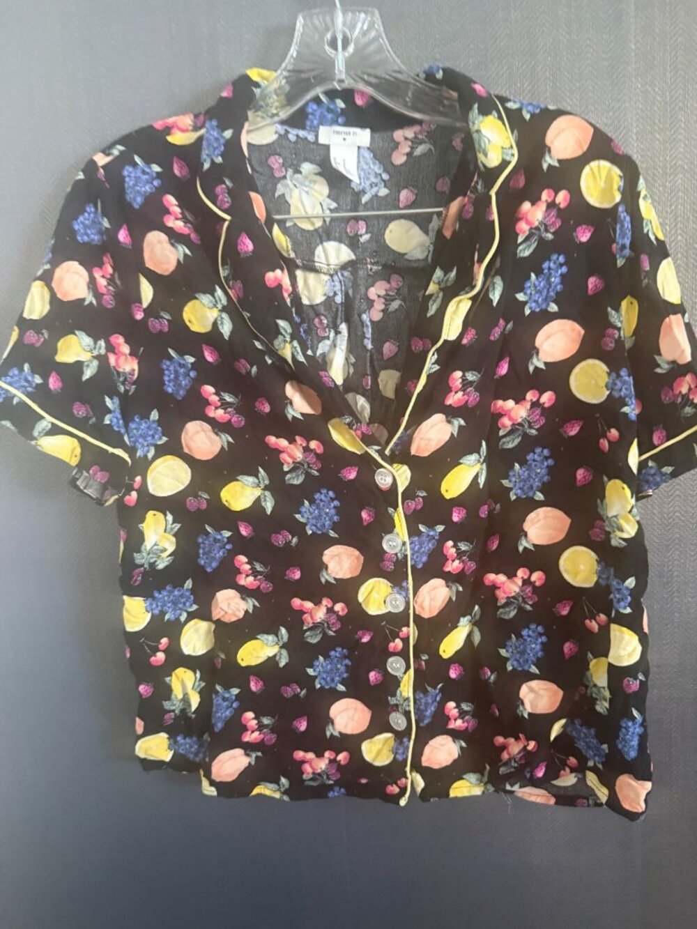 Forever 21 Fruit Print Black Button-Down Short Sleeve Pajama Top Size M